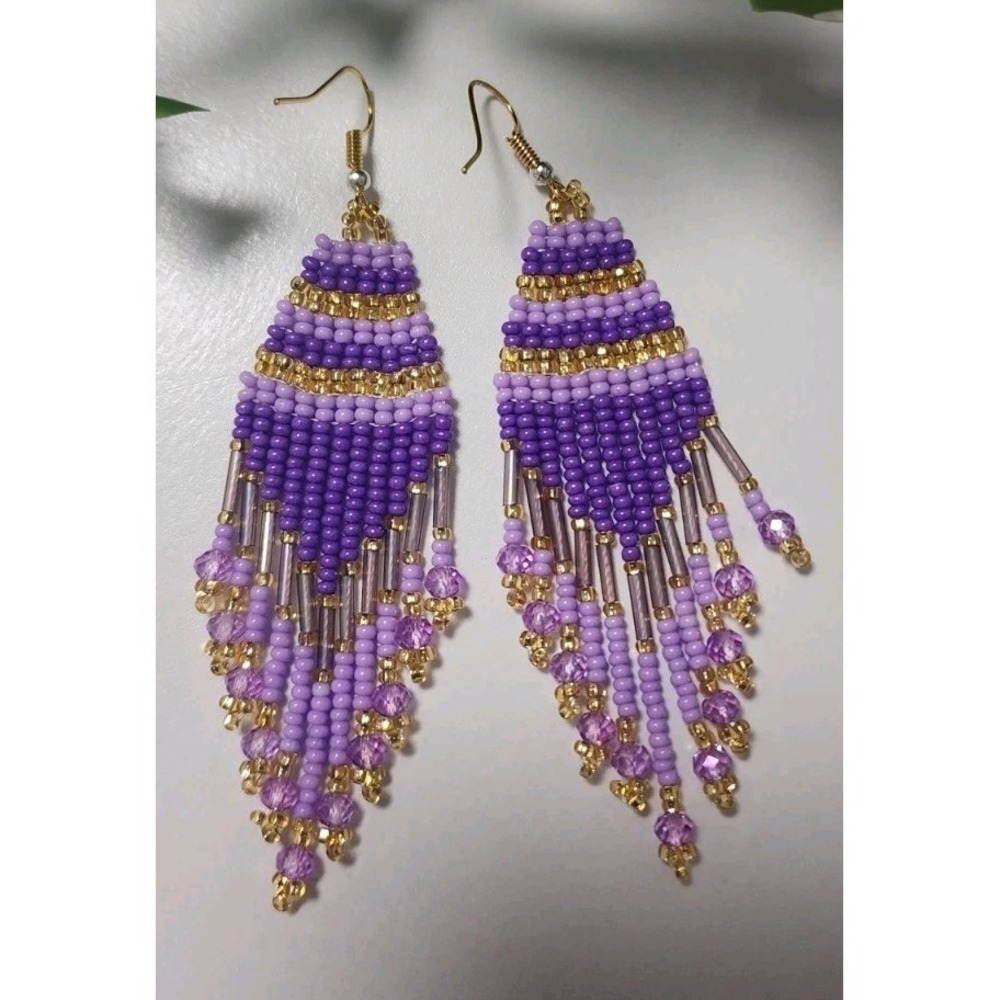 Handmade Seed Bead Fringe Earrings Purple Gold Glass Crystal Drop Dangle Boho